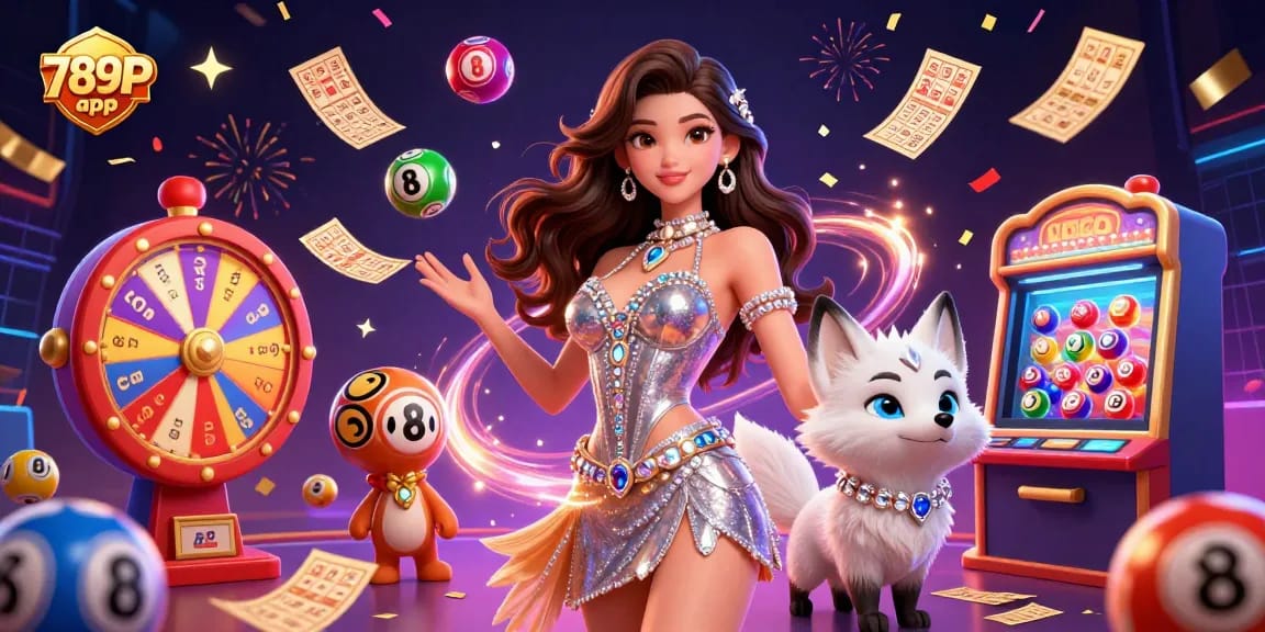 Engage with the exciting world of the 789P app, showcased by a glamorous scene filled with lottery elements and dazzling characters.