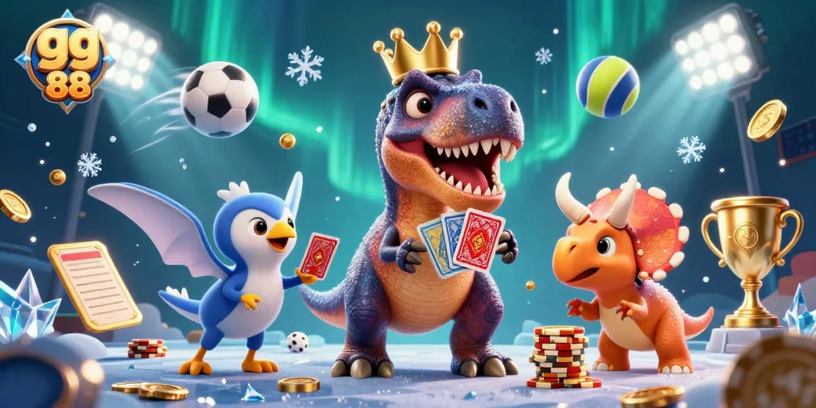gg 88 promises thrilling card shuffling action as a T-Rex and friends create a lively casino scene