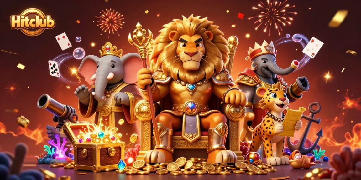 Hitclub features a vibrant 3D casino scene with a lion king on a throne of coins, enhancing gaming excitement.