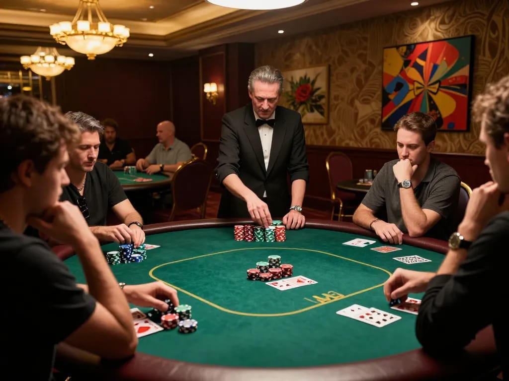 Engage in intense poker gameplay at https://max88sss.com/, with players surrounded by vibrant casino atmosphere.