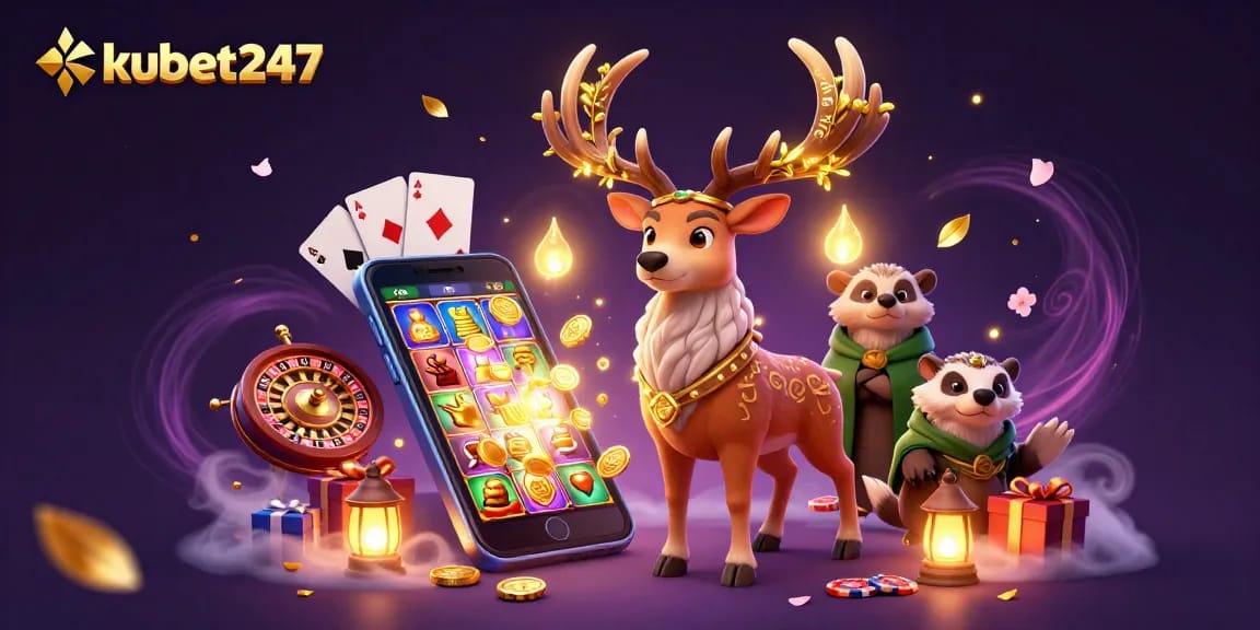 Engage with kubet247's thrilling gaming world, featuring magical creatures amidst vibrant slot games.