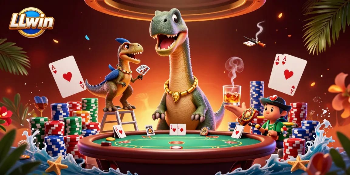 Experience a thrilling poker game at LLwin with a giant brontosaurus dealer and raptor card dealer.