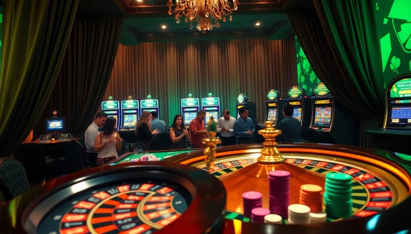 Excited gamblers experiencing luxury gaming at https://mi88.com.mx/ with roulette and poker action.