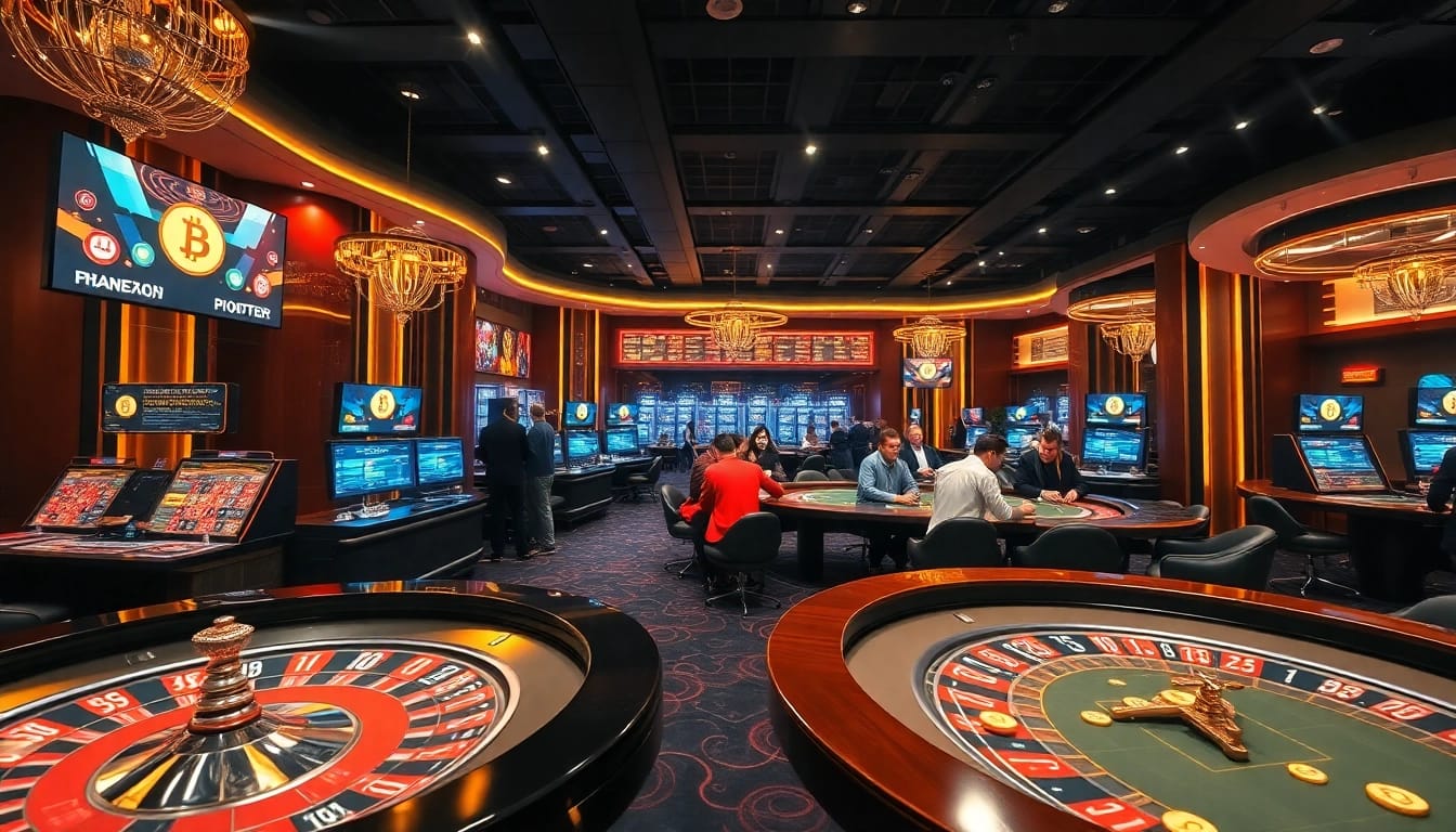Jouer au casino cripto usdt avec une ambiance dynamique et des tables de jeux éclairées.