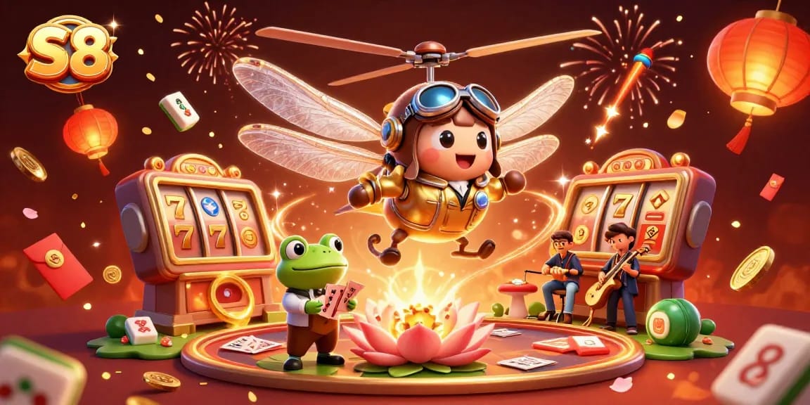 S8 players spin slot reels and enjoy gambling in a vibrant lily pad casino atmosphere.