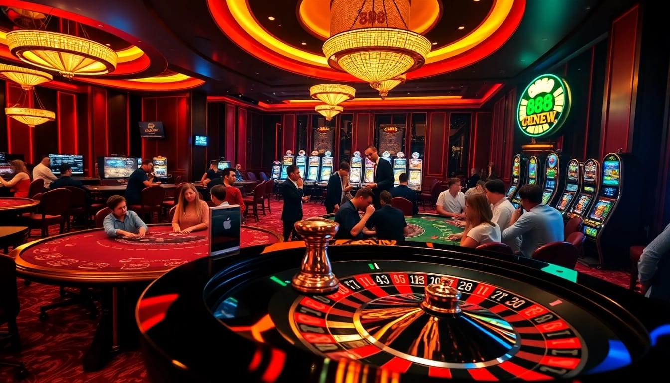 Players enjoying a thrilling gambling experience at 888NEW casino with vibrant gaming tables.