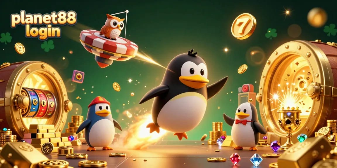 Spin and win at planet88 login with an exciting 3D illustration of a golden penguin in a casino-themed universe.