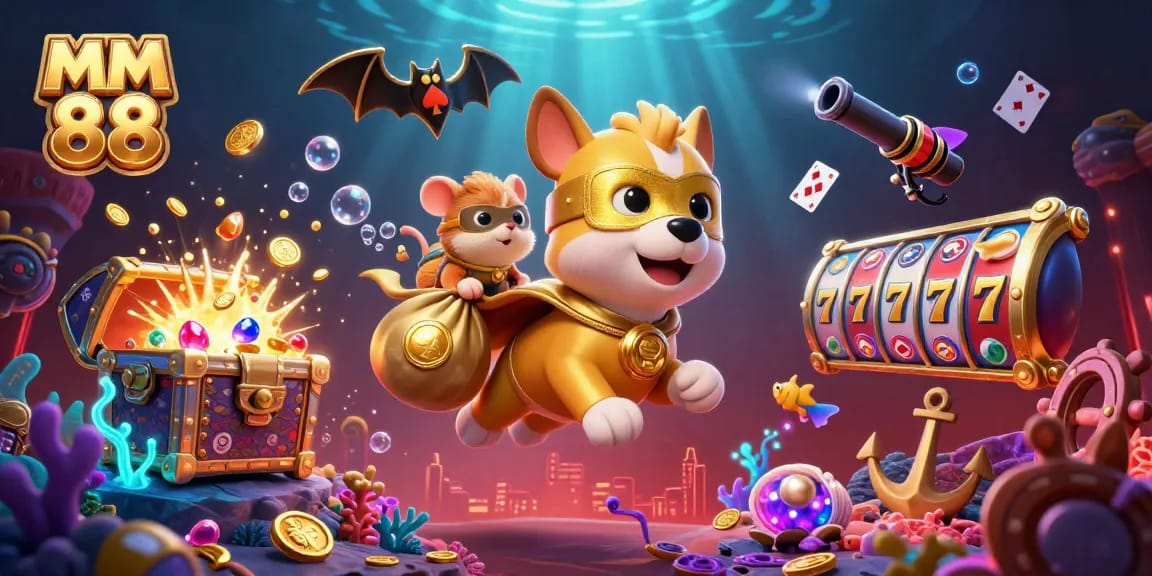 Catch exciting MM 88 winnings with a superhero dog and hamster in a vibrant casino adventure.