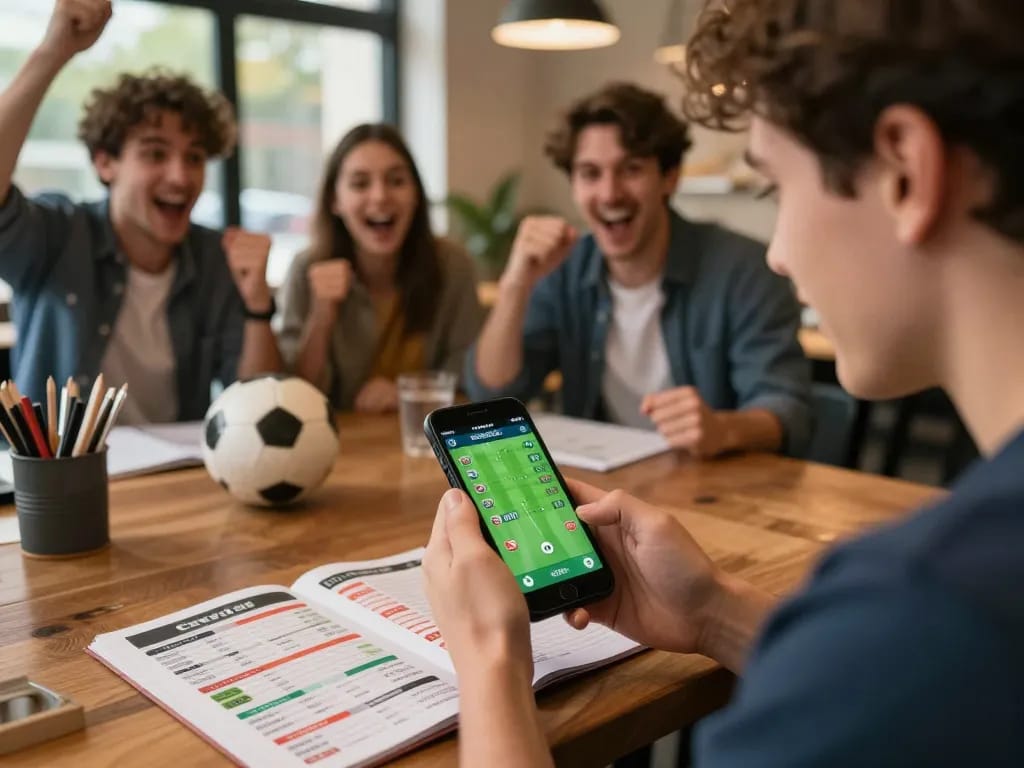 Engaged individual analyzing tỷ lệ kèo using a mobile app during a sports event, contextualizing active betting.