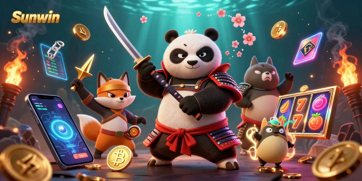 Play thrilling casino games with Sunwin's vibrant 3D illustration featuring samurai panda and ninja fox.