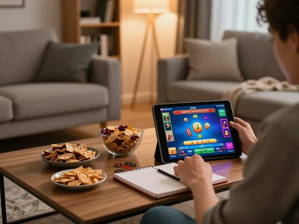 Engaging with 98win online casino through a tablet in a cozy living room setting, showcasing strategic gameplay.
