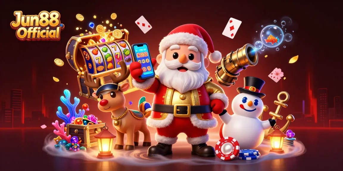 Engage in winning strategies with Jun88 Official's vibrant casino adventure featuring festive characters.