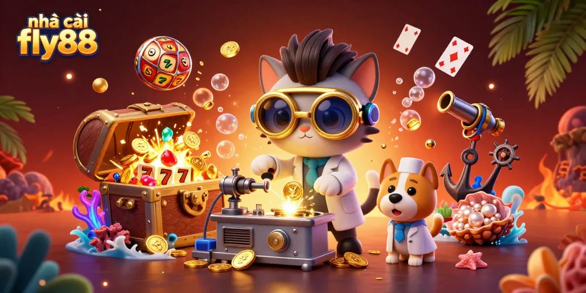 Experience winning with nhà cái fly88 in a vibrant 3D casino scene filled with games and treasures.