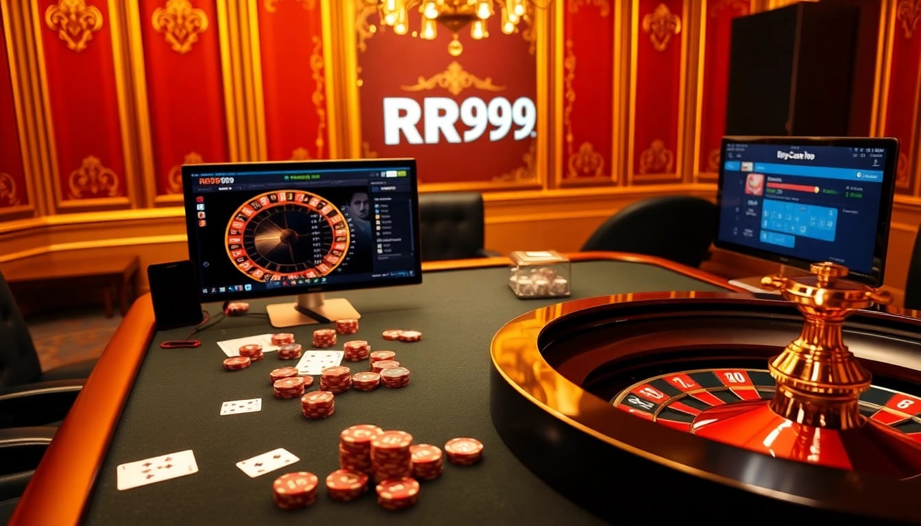 Experience the excitement of RR99 online casino with stylish poker chips and a roulette wheel.