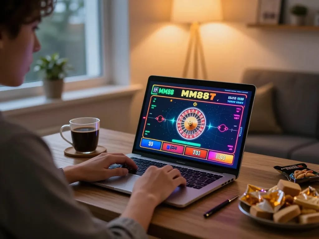 Engaged player strategizing on MM88's online roulette, showcasing vibrant gaming atmosphere.