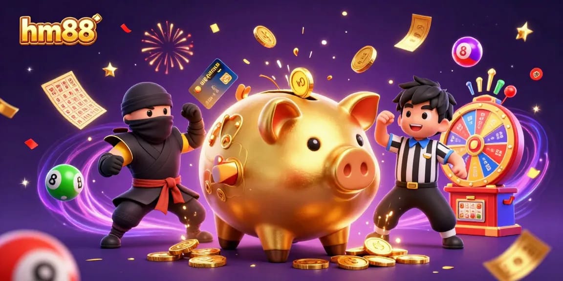 Engage with exciting gameplay at hm88 as a golden piggy bank sumo wrestler shakes gold coins while a ninja and samurai referee observe.