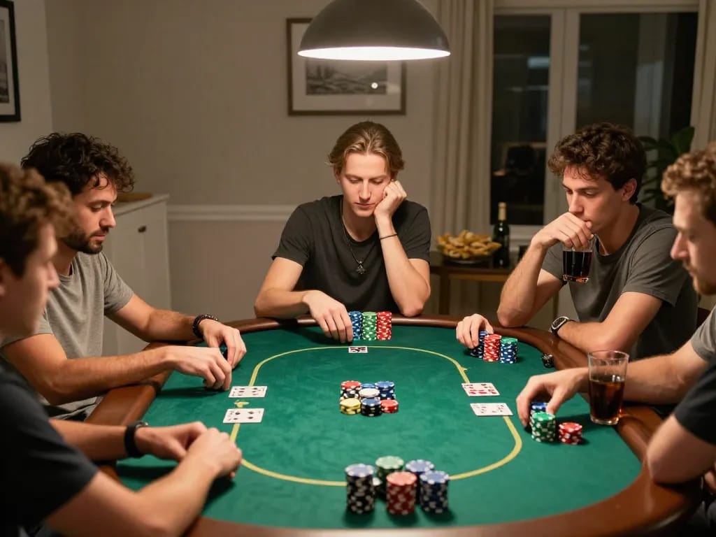 Players enjoying poker night at home with https://da88at.com/ highlighted poker chips and warm lighting.