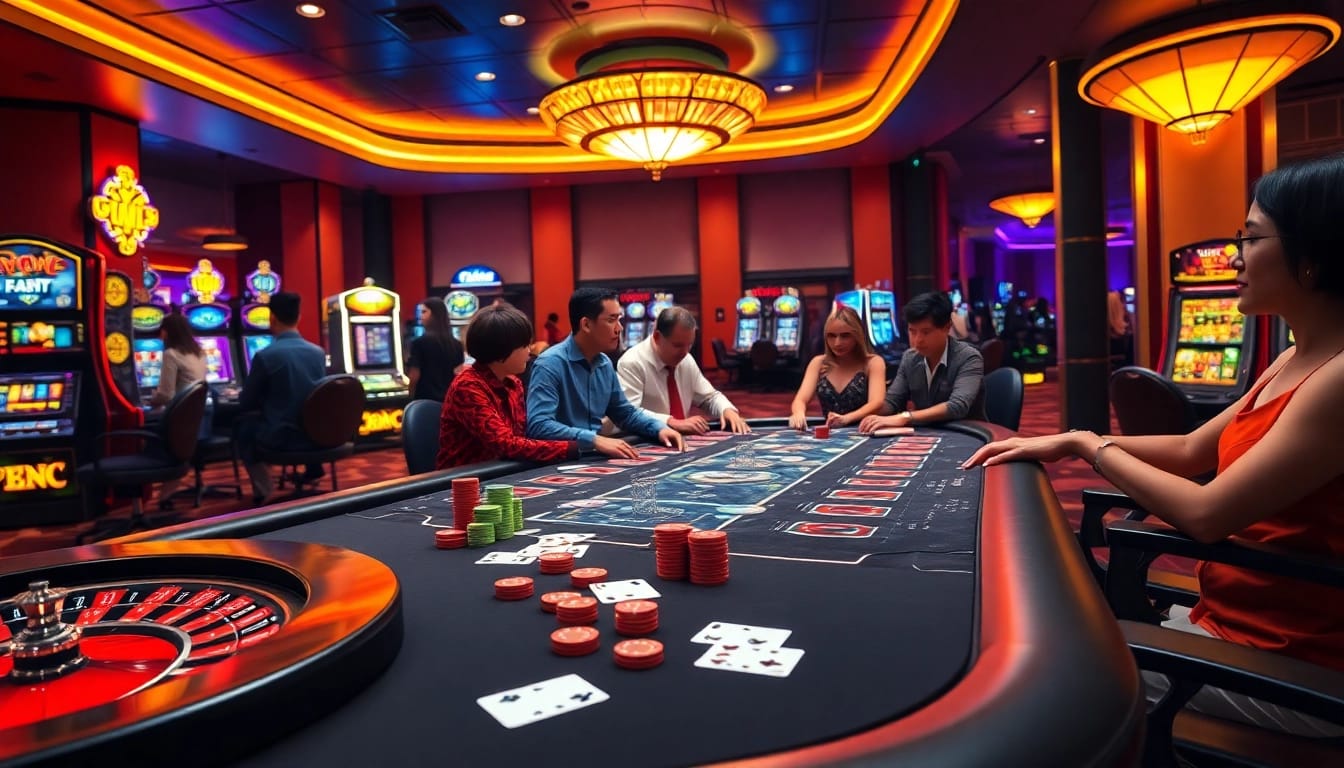 Exciting gaming atmosphere at fabet3.com featuring vibrant casino tables, roulette wheel, and engaged players.