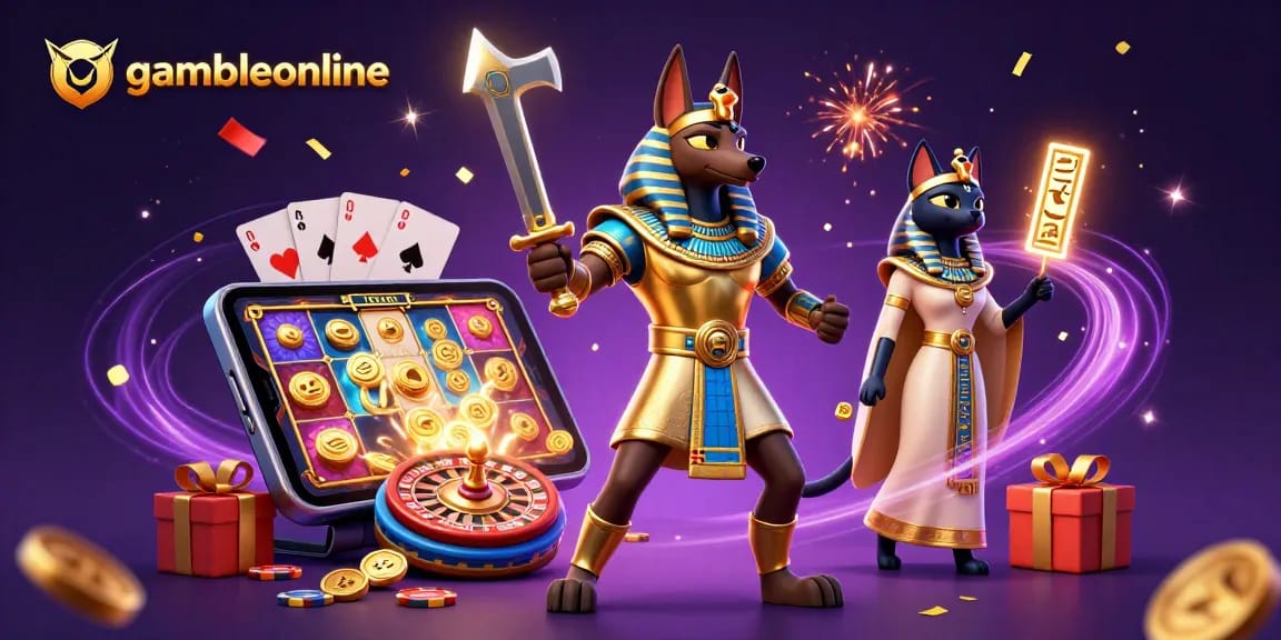 Engage with gambleonline's exciting 3D scene of Anubis, Bastet, and vibrant gaming elements!