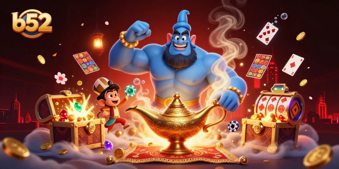 B52 captures thrilling moments of jackpot excitement with a dynamic genie and monkey amidst casino treasures.