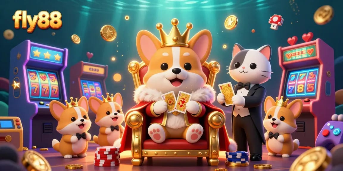Experience exciting play at fly88 with royal corgi and luxurious casino elements illustrating your gaming journey.