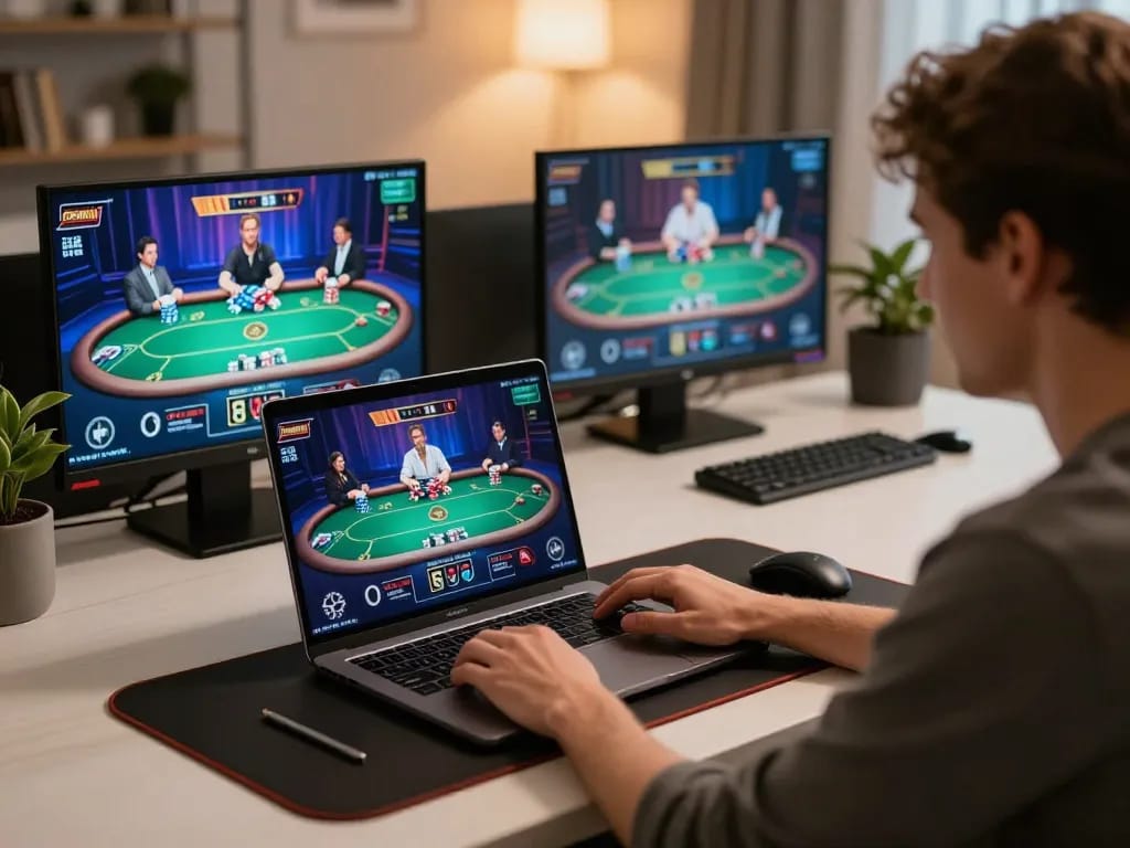Engaging with https://rr88.com.se/ poker gameplay on a laptop at a stylish home desk.