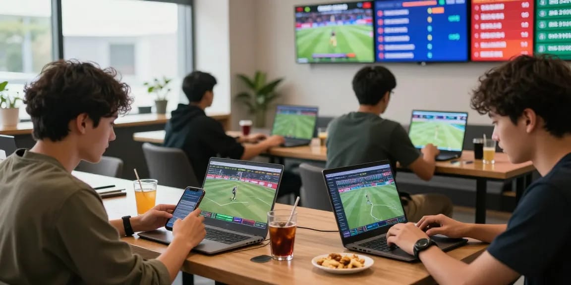 Pengalaman judi bola yang menarik dengan pemain memasang taruhan online di lingkungan modern.