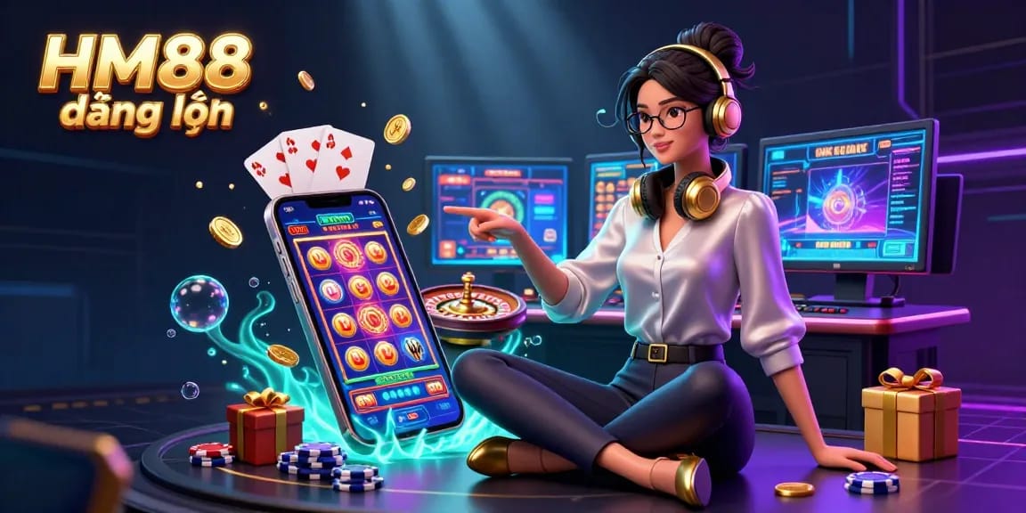 Engage with the vibrant action of HM88 đăng nhập featuring a professional gamer in a dynamic casino setup.