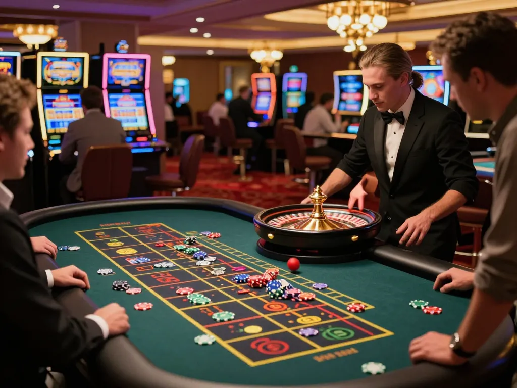 Players engaging at the roulette table in the bustling casino, showcasing vibrant gaming activity with vb88 branding.