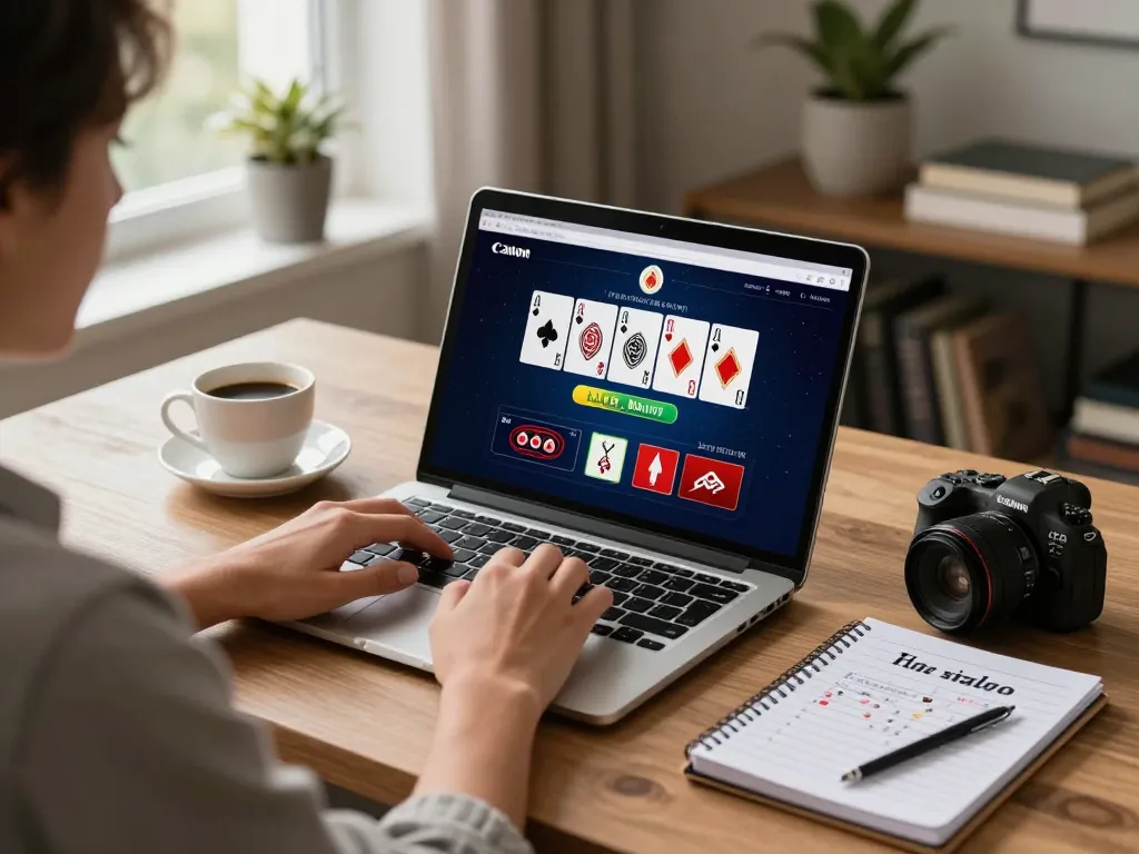 Person engaging in online blackjack at home, showcasing the co88 interface with vibrant cards and strategy notes nearby