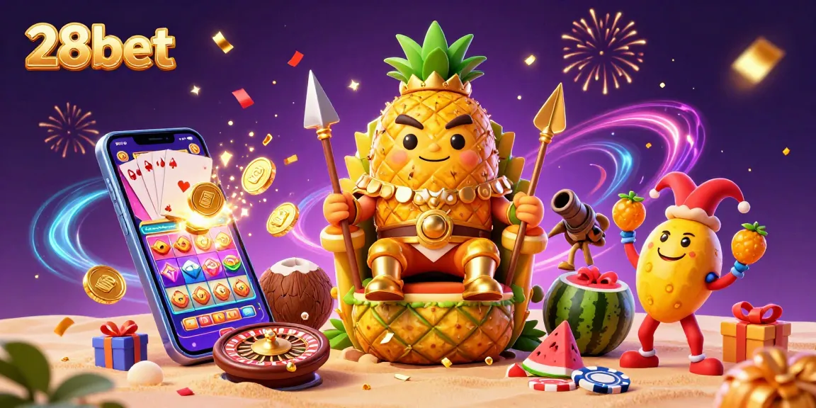 Engage with exciting games at 28bet, featuring vibrant 3D casino characters and a slot game showcase!