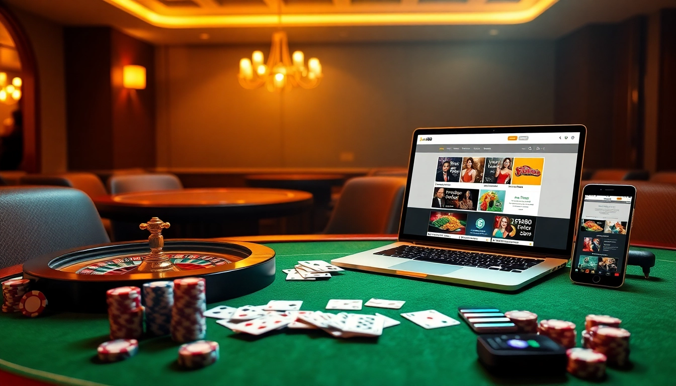 Engaging with Link Jun88 at a luxurious online casino featuring vibrant tables and devices.