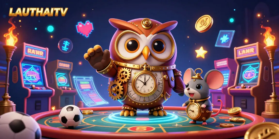 Engage with LAUTHAITV's vibrant sports betting scene featuring dynamic illustrations of a whimsical owl and casino elements.
