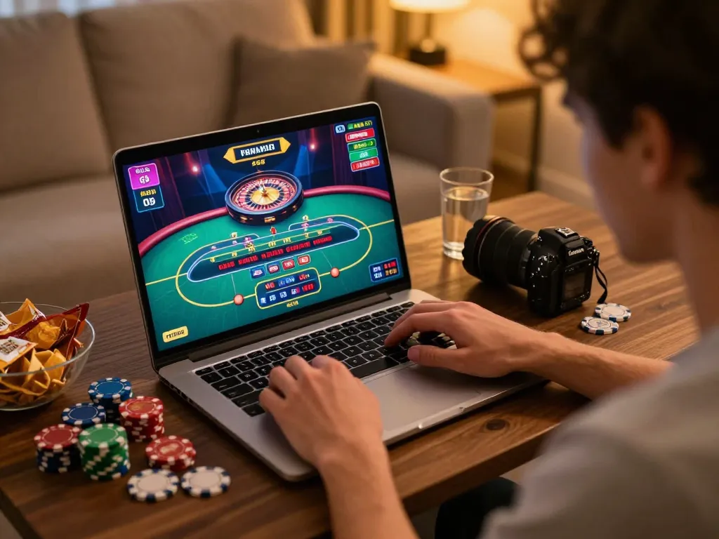 Player immerses in vaobet's live dealer game at home, surrounded by poker chips and snacks