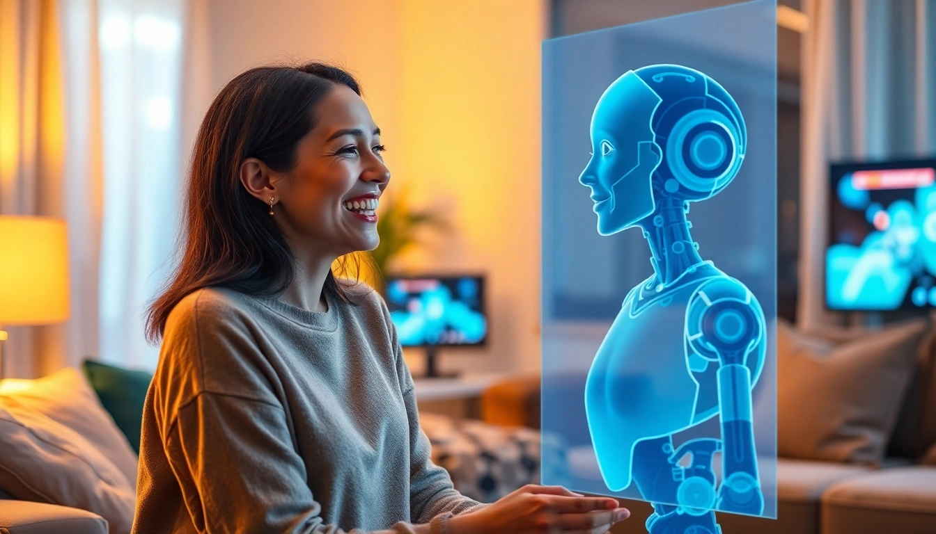 Woman enjoying a conversation with her AI girlfriend in a cozy living room, showcasing advanced technology and a warm atmosphere.