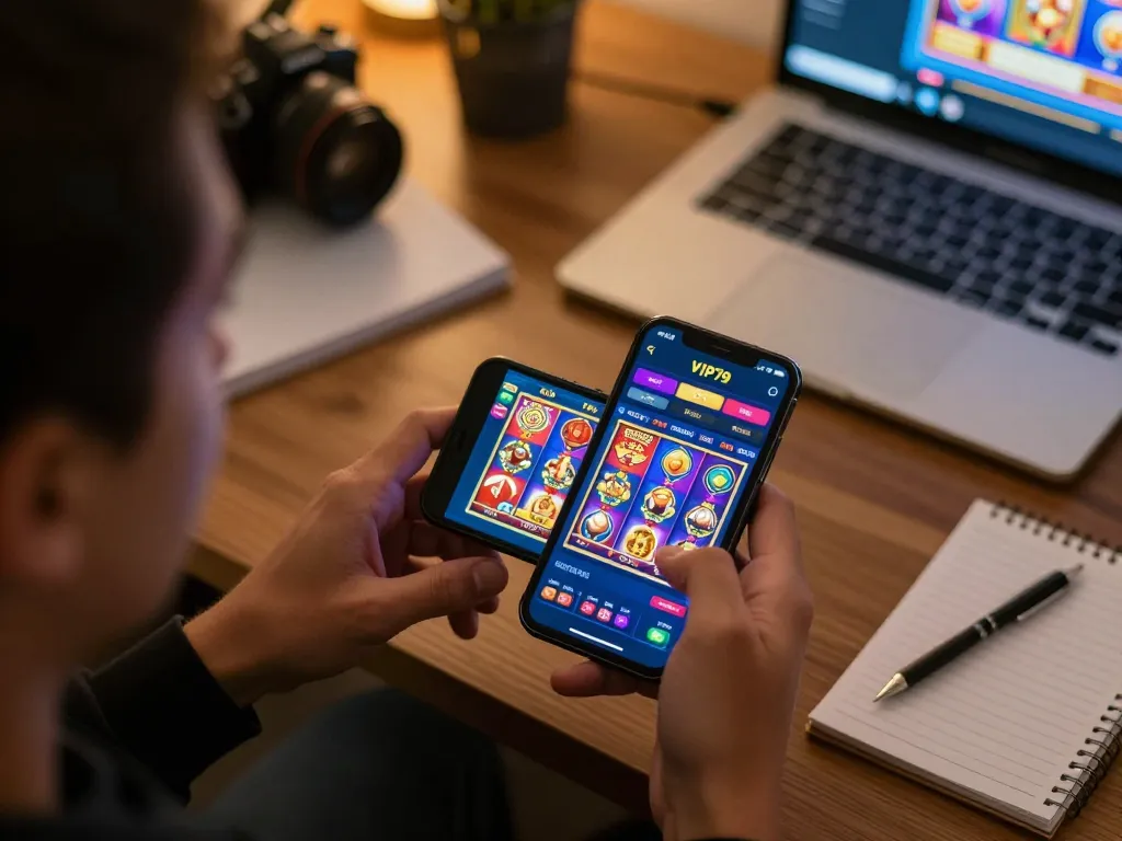 Engaging with vip79 app during an online casino gaming session, showcasing vibrant game graphics and betting options.
