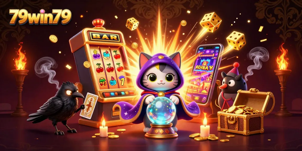 Win big at 79win79 with a mystical gaming scene featuring vibrant slot machines and engaging characters.