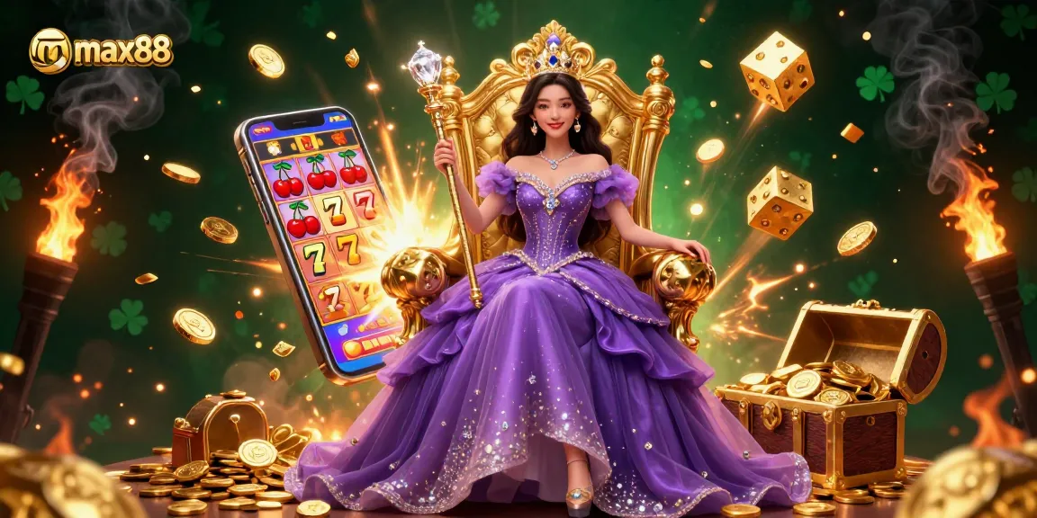Experience max88 with a stunning illustration of a casino-themed fantasy world featuring jackpots and vibrant game elements.