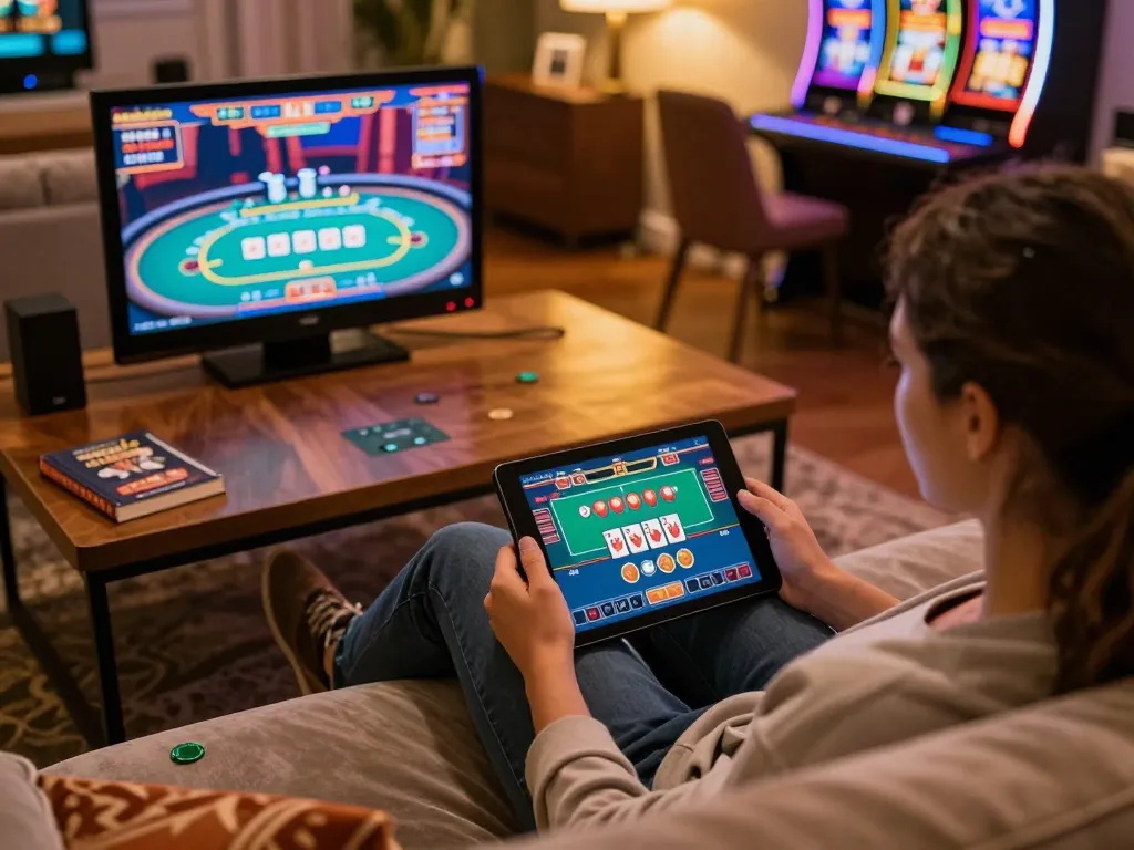 Player enjoying an online casino session on a tablet at home, showcasing gen88h gaming interface.
