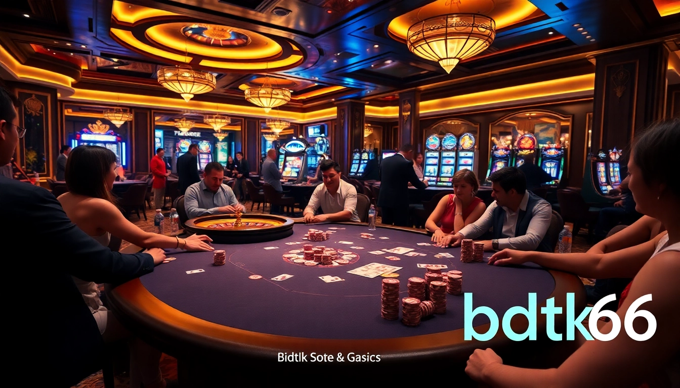 Exciting scene at a luxury casino table, featuring bdtk66 blog with poker chips and cards.