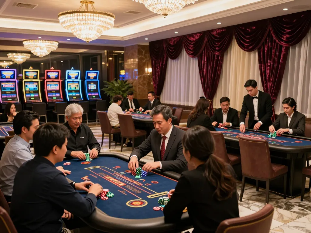Experience a night at Nhà cái Five88 with players enjoying vibrant casino games.