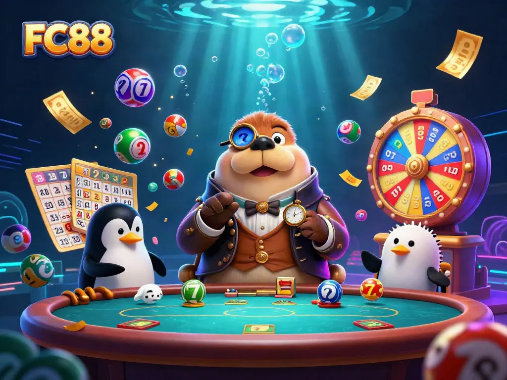 Experience vibrant gaming action with FC88 at an underwater poker game featuring a walrus, penguin dealer, and pufferfish.