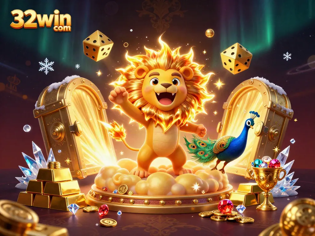 Experience triumph with 32win com as the lion roars amidst dazzling casino treasures.