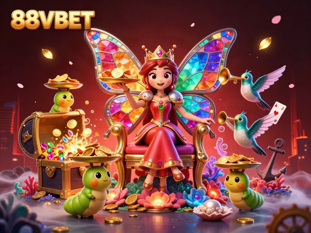 Experience a vibrant 88VBET scene featuring a butterfly queen and whimsical elements enticing players.