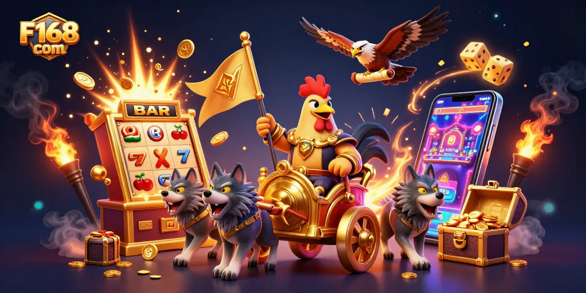 Experience the thrill of F168 com with this dynamic 3D illustration featuring a jackpot explosion and vibrant casino elements.