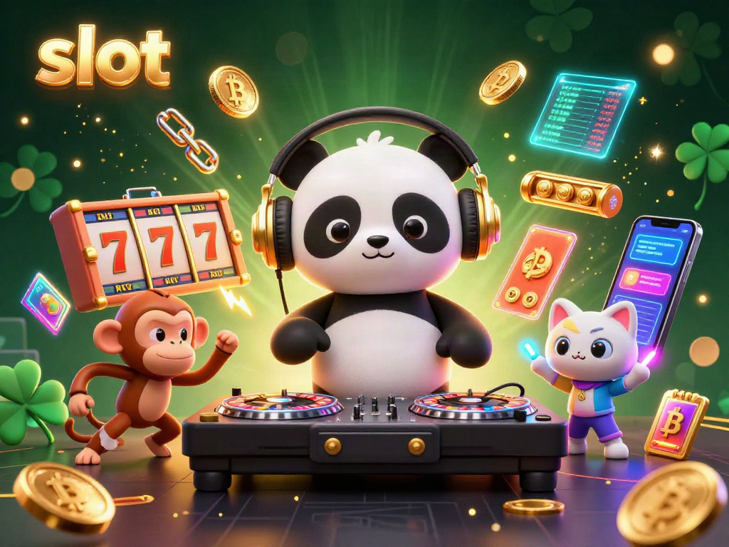 Engage with exciting slot action featuring a DJ panda, breakdancing monkey, and glowing kitten amidst colorful game elements.