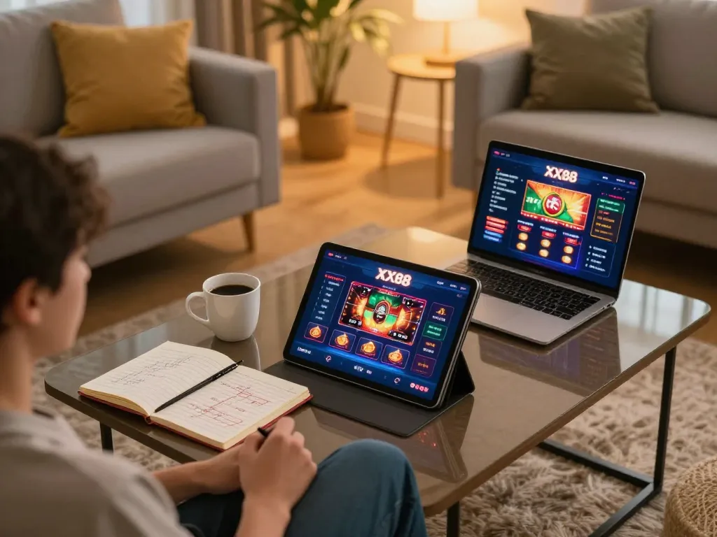 Engaged player enjoying online gaming at trang chủ xx88 on a cozy tablet setup for strategic betting.