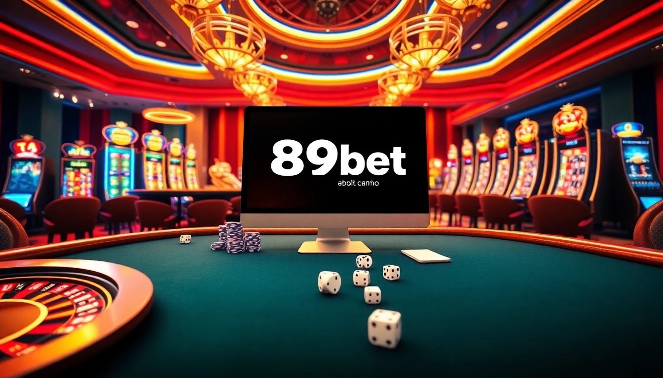 Engage in thrilling online games at 89BET with vibrant casino elements like poker tables and roulette.