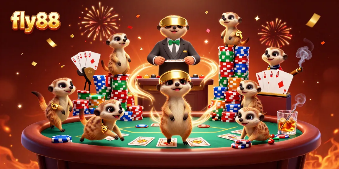 Fly88 showcases meerkats hustling in a vibrant casino filled with poker tables and colorful chips.