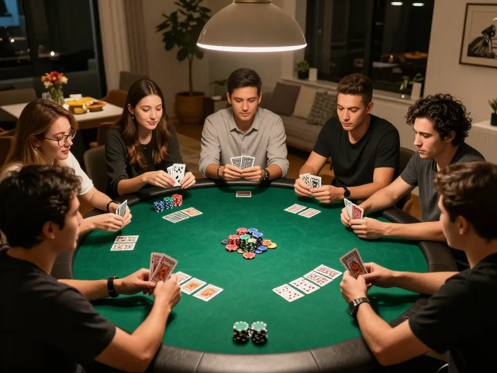 Friends engaging in a fun home poker game night while using lv88 đăng nhập for online gaming